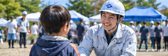 地域行事で子どもと話す社員