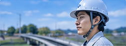 橋を背に立つ社員
